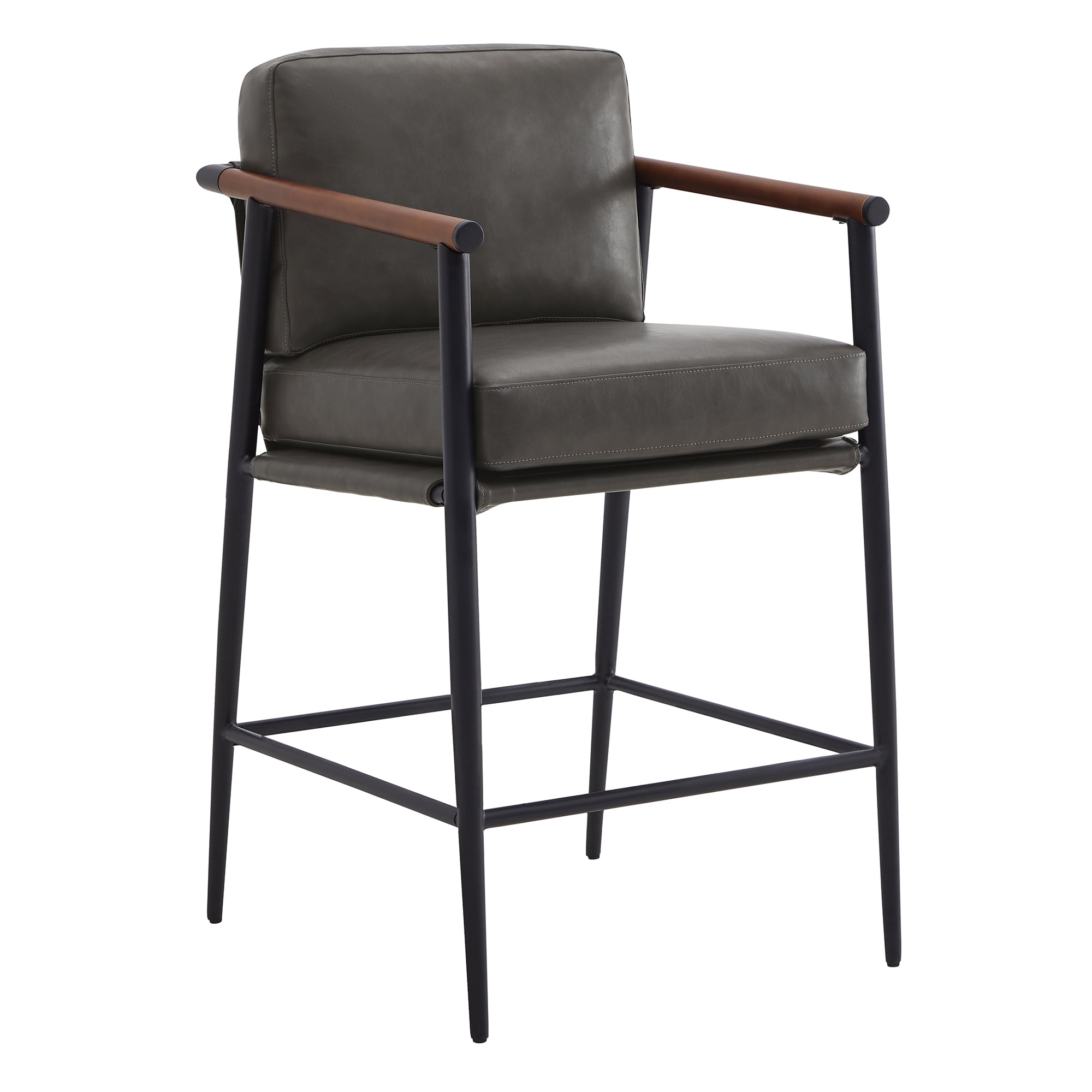 CHITA Modern Counter Stools Set of 2, Upholstered Bar Stools with Metal Frame and Wooden Armrests, Faux Leather in Retro Gray