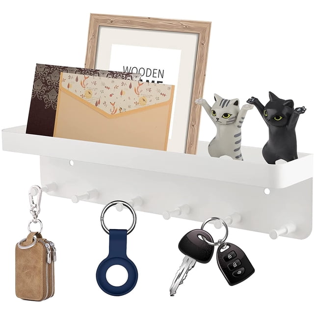 Roofei 6 Hooks Key Holder Wall Mount with Shelf Mail Organizer Holder Shelf Metal Key Rack Small Key Hooks Modern Keyholder Self-Adhesive Wall Decorative for Entryway Kitchen Bathroom Hallway White
