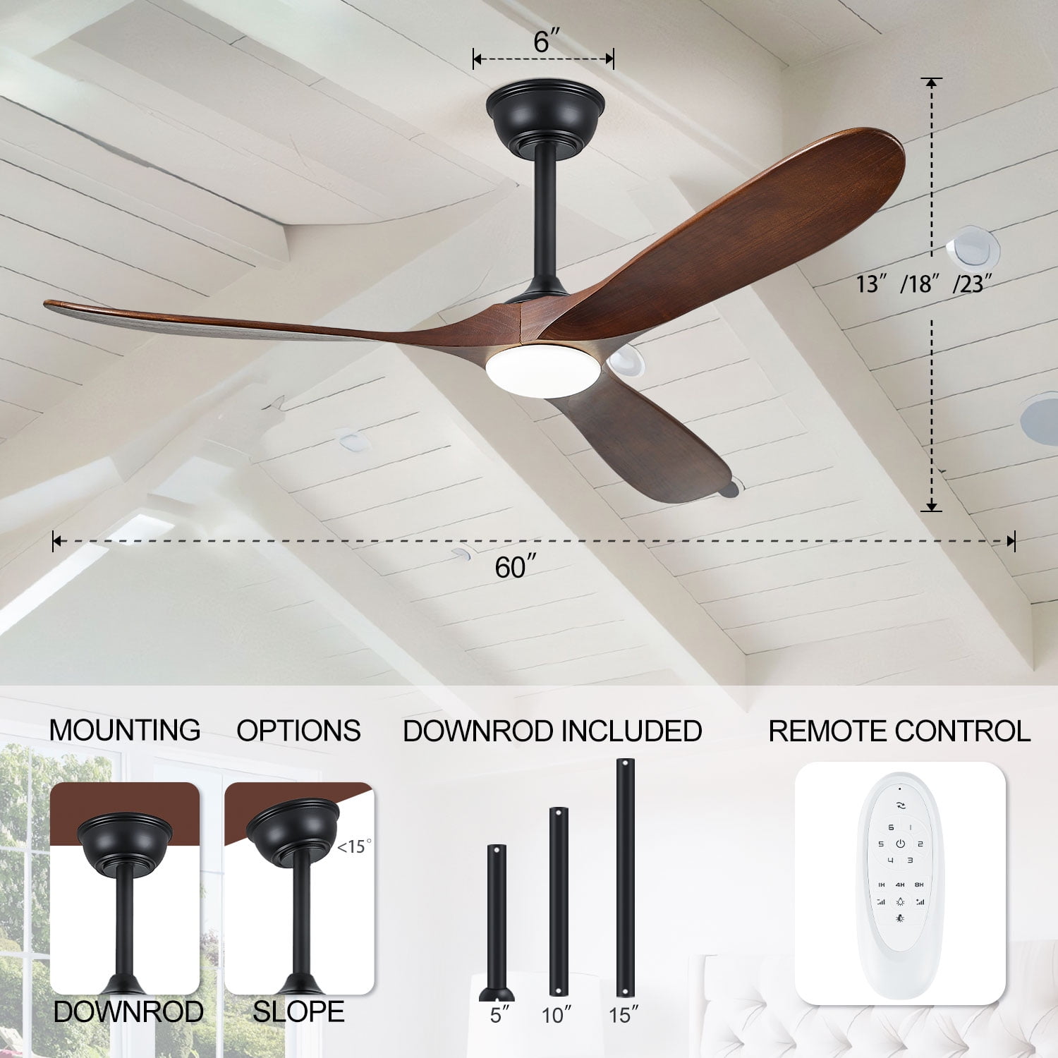 60'' 3-Blade Ceiling Fan – Light & Remote, High CFM Quiet DC Motor, Solid Wood Walnut Propeller Ceiling Fans, Indoor/Outdoor/Patio (Coastal/Farmhouse)
