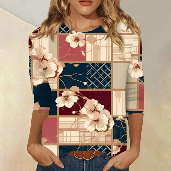 Yellow Women's Short Sleeve T-shirt, 3/4 Length Sleeve Womens Tops Summer 2024 T Shirts Floral Print Crew Neck Casual Basic Tee Fit Tunic Tops Blouse,Women's Short sleeve T-shirt M