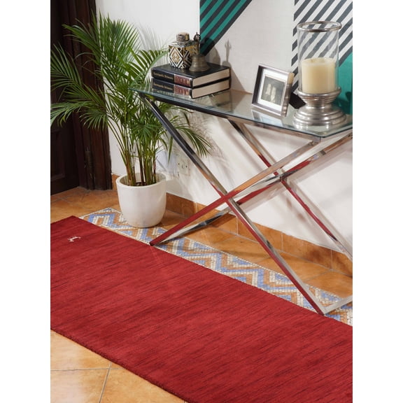 Rugsotic Carpets Hand Knotted Wool Area Rug 2'6''x10' Red Contemporary Runner Indoor Rug for Living Room, Bedroom Antimicrobial L00100