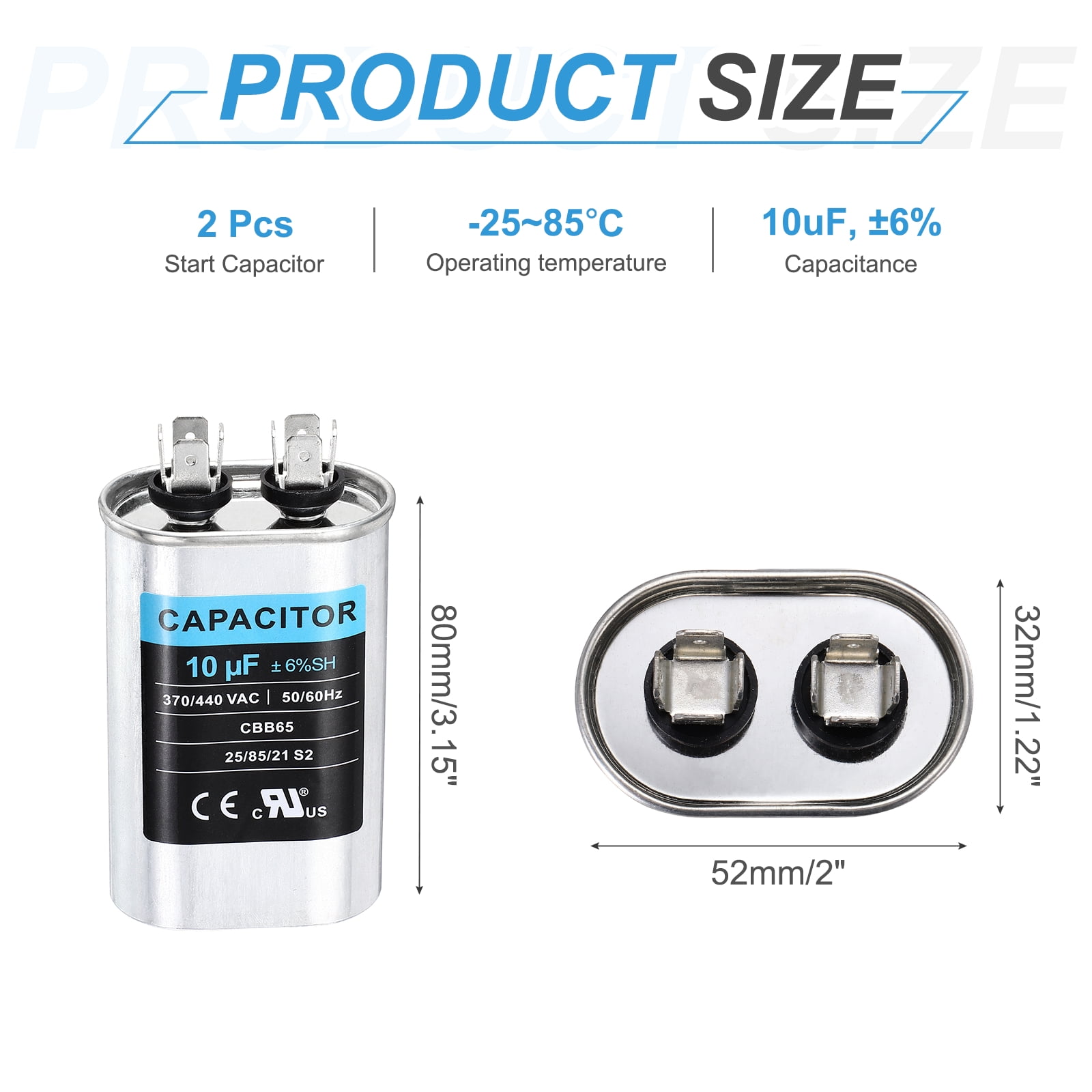 Uxcell 2Pcs 10MFD CBB65 Run Start Capacitor 10uF, 370/440V Oval AC Capacitor for AC Motor Run, HVAC, Air Conditioner, Condenser Motors