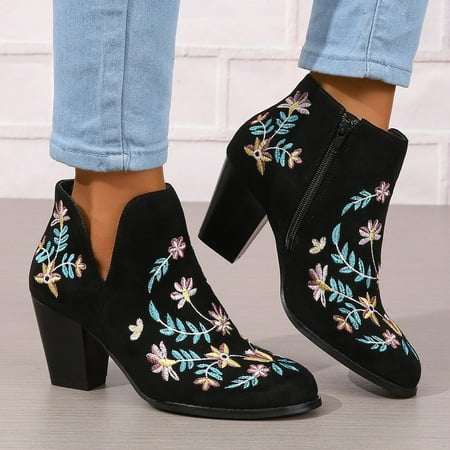 

Uinagy Fashion Women Flock Autumn Square Heels Zipper Flower Embroidery Short Booties Round Toe Shoes