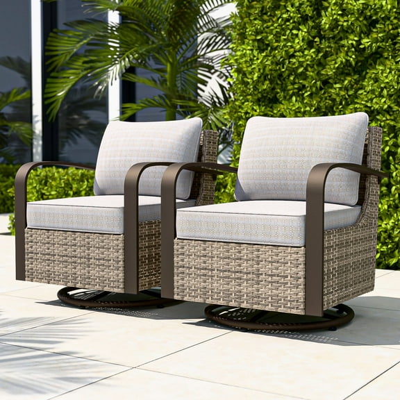 COOS BAY Aurora Terrace Set of 2 Brown Wicker Rattan Patio Swivel Rocking Glider Chairs, Metal Curved Armrest, Beige Cushion