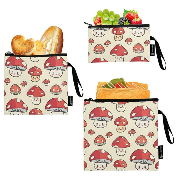 Haosy 3 Pack Reusable Ziploc Bags BPA Free Healthy Food Storage Bag Leakproof Sandwich Snack Freezer Bags Cute Lovely Mushrooms