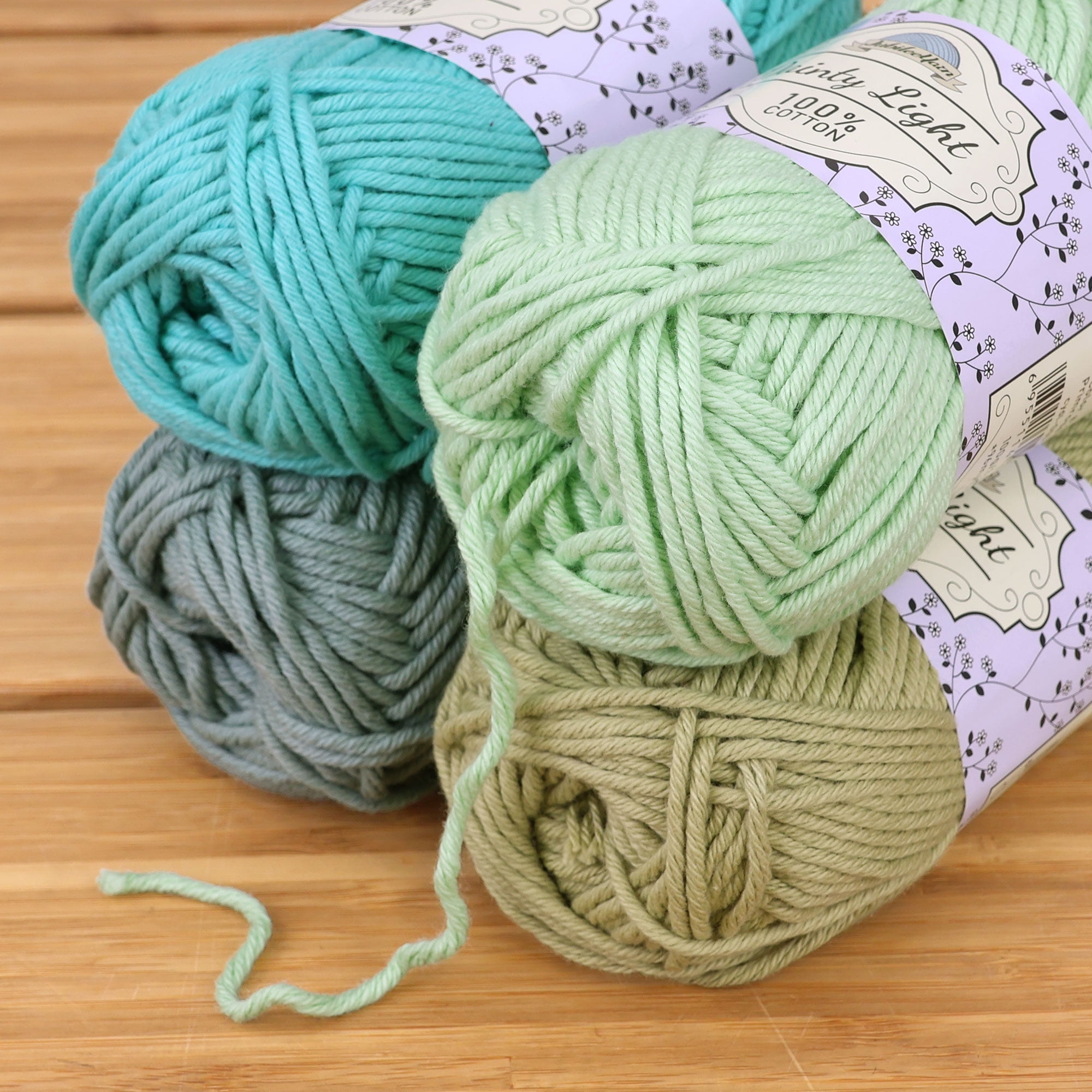 JubileeYarn Dainty Light Yarn - 100g/Skein Worsted Weight Cotton - Shades of Green - 4 Skeins