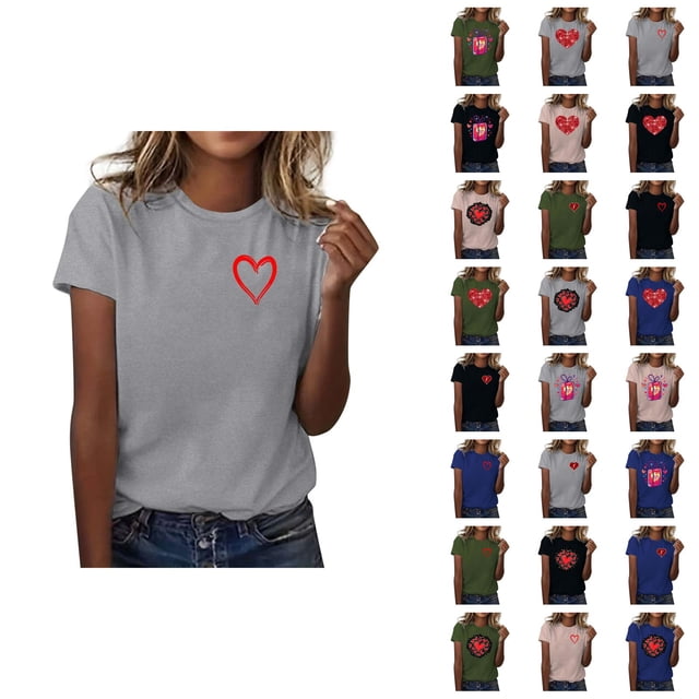 T-shirts de la Saint-Valentin pour Femmes 2026 à Manches Courtes Col Rond avec Cœur Graphique