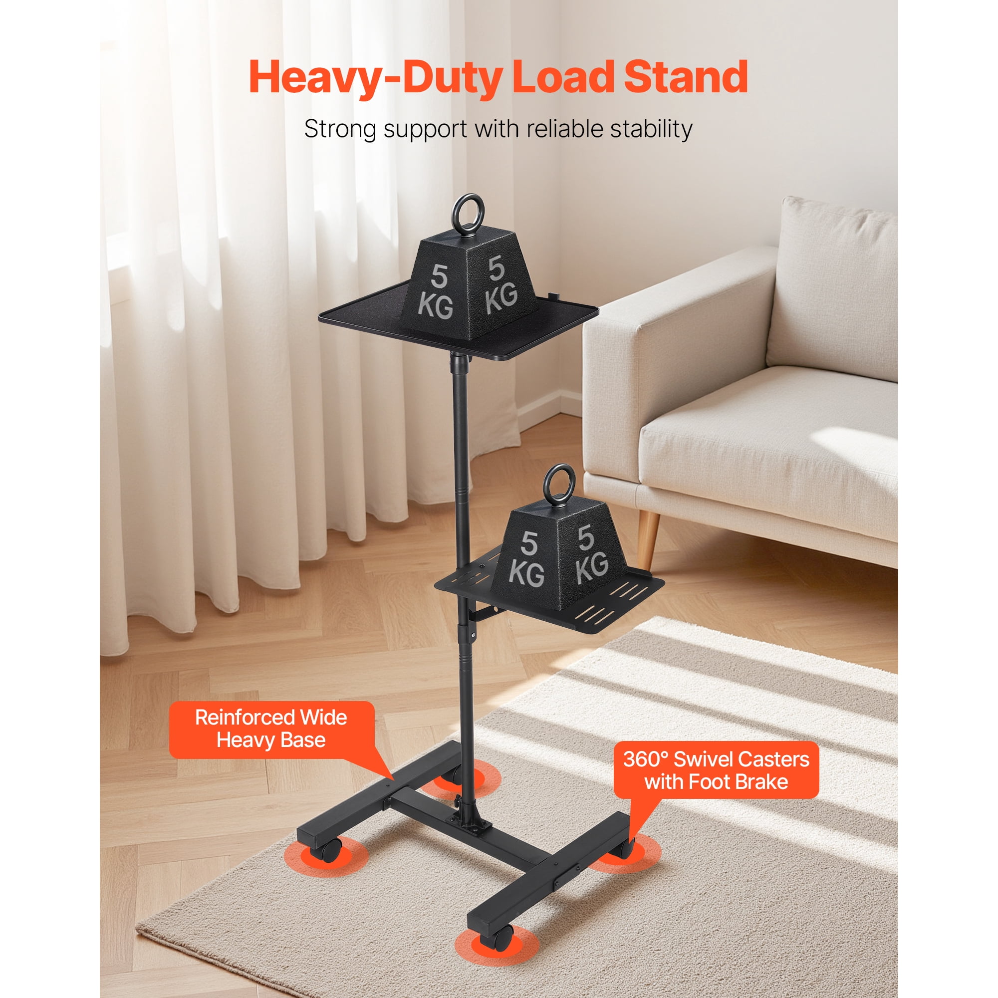 KFFKFF Adjustable Projector Stand with Dual Shelves, Height Range 33.86 to 53.54 Inches, Sturdy Tripod Design for Laptops, Projectors, and Presentations
