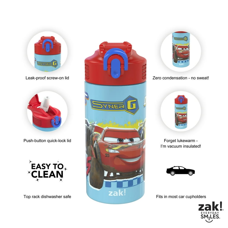 Zak Designs Disney Pixar Cars 14 oz Double Wall Vacuum Insulated Thermal Kids Water Bottle, 18/8 Stainless Steel, FlipUp Straw Spout, Locking