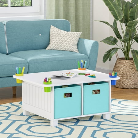 RiverRidge Kids Art Activity Table Desk with 4 Cubbies 4 Storage Cups and 2 Aqua Bins