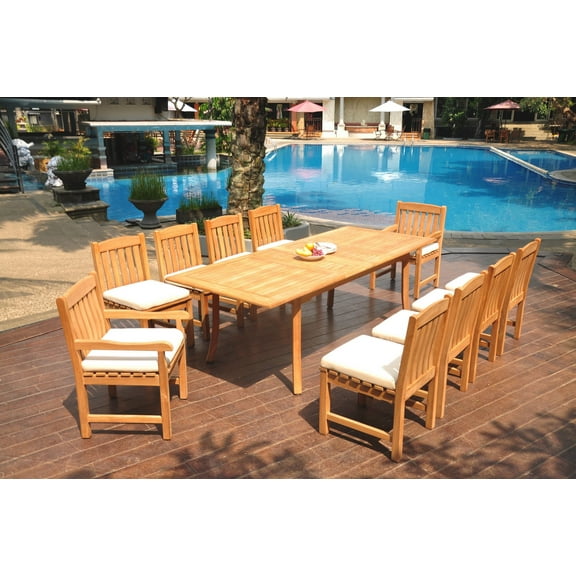 Grade-A Teak Dining Set: 10 Seater 11 Pc: 94" Double Extension Rectangle Table And 10 Devon Chairs (2 Arm & 8 Armless Chairs) WholesaleTeak #WMDV79