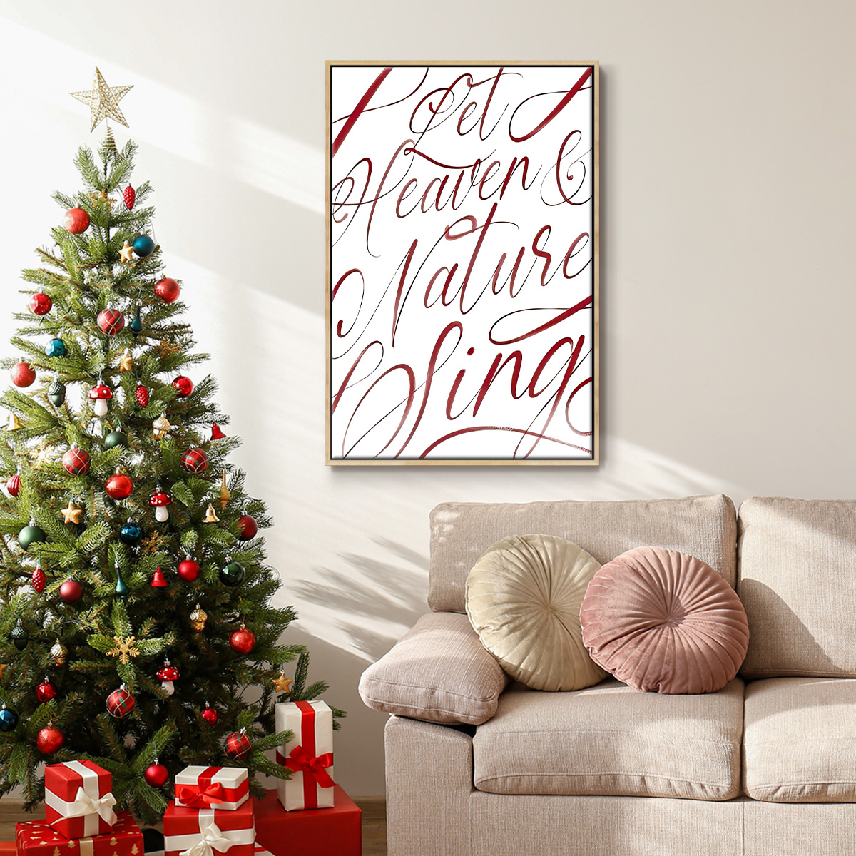 Heaven and Nature - Framed Gallery Wrapped Holiday Canvas - 25 x 37 - Natural Wood Frame