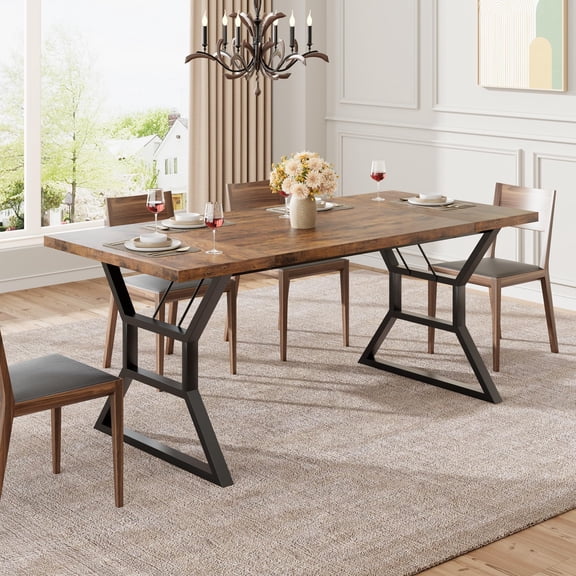 Litake 70.9 Inch Dining Table for 6, Rectangular Farmhouse Table with Heavy Duty Metal Legs, Large Wooden Kitchen Table for Dining Room, Fits Big Families (Brown)