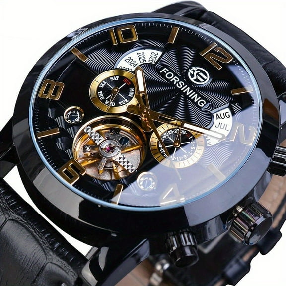 Men's Luxury Tourbillon Automatic Mechanical Watch, Black Golden Multifunction Dial, Date Display, Luminous Hands, Water Resistant, Stainless Steel Band, Fashionable Wrist Watch for Business or Casual