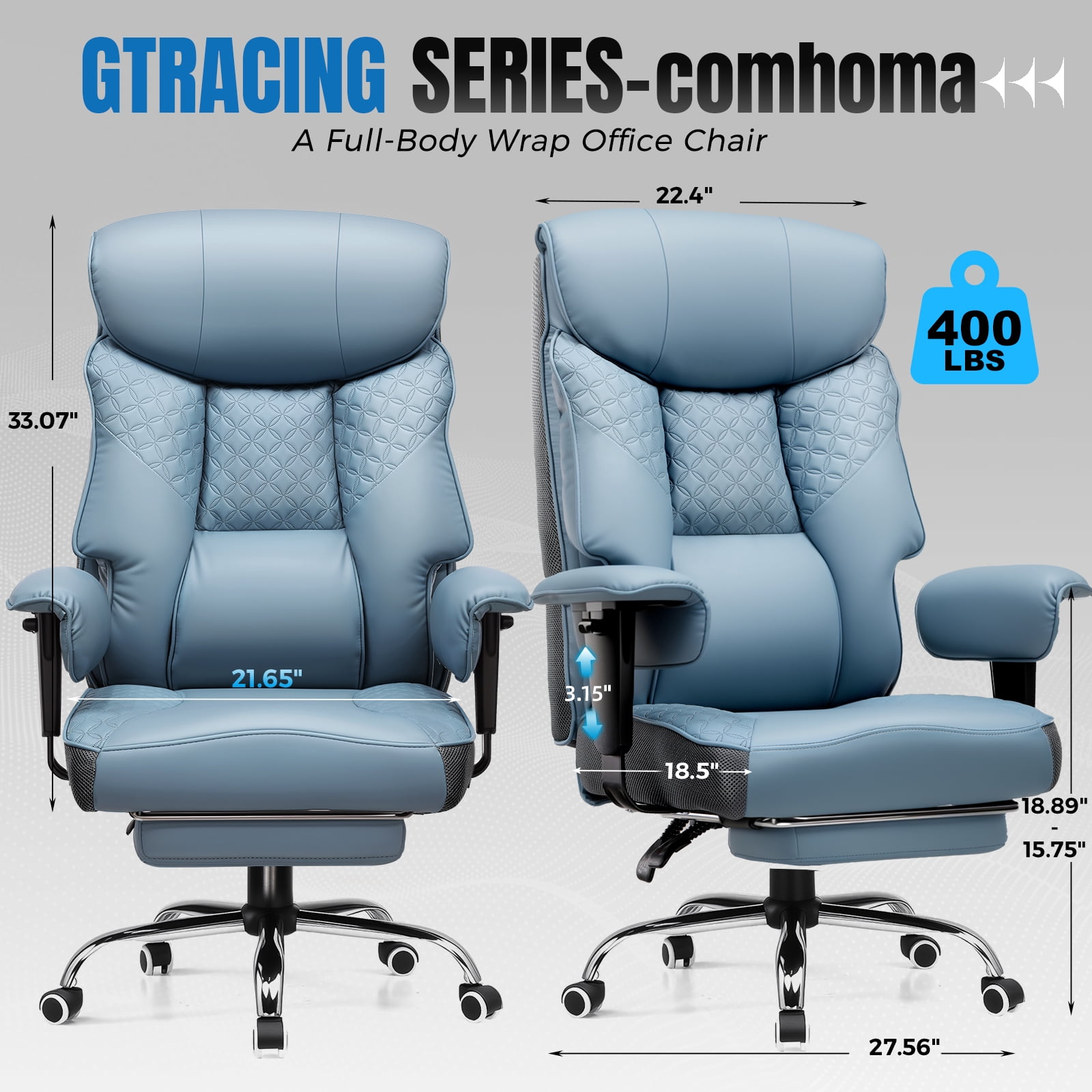 CloudRest Pro 400lbs Executive heavy duty office chair, High Back Ergonomic Computer Desk Chairwith Lumbar Back Support, LakeBlue