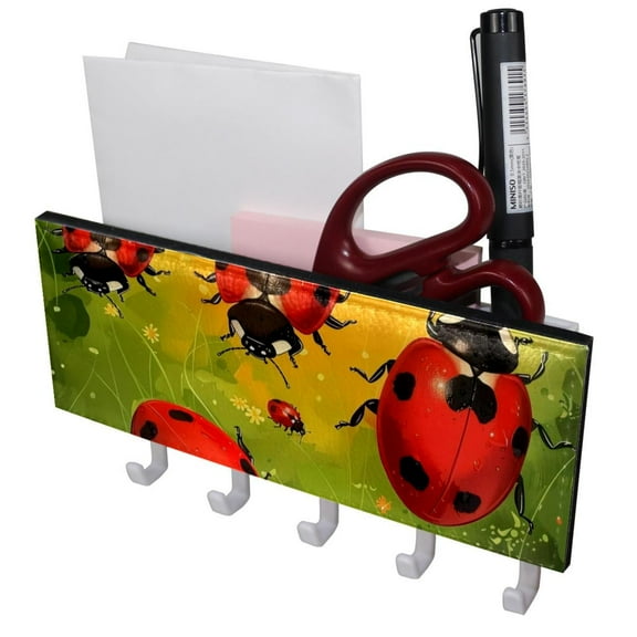 PhooArto Key Holder for Wall Decorative with 5 Key Hooks, Ladybugs Green Leaf Holders Wall Mount Organizer with Mail Key Rack, Self Adhesive