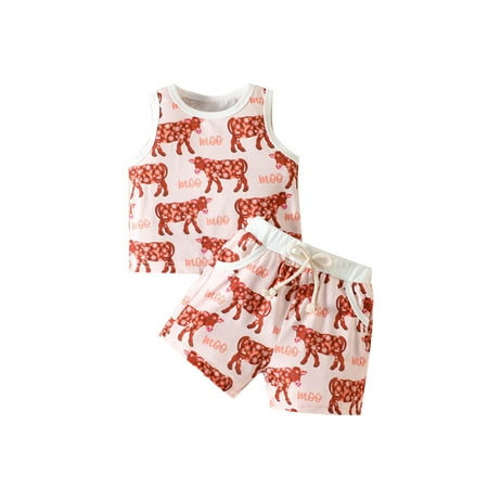 

Haite Newborn Tank Top+ Shorts Elastic Waist Summer Outfits Sleeveless 2Pcs Outfit Suit Party Home Crew Neck Pink 100cm