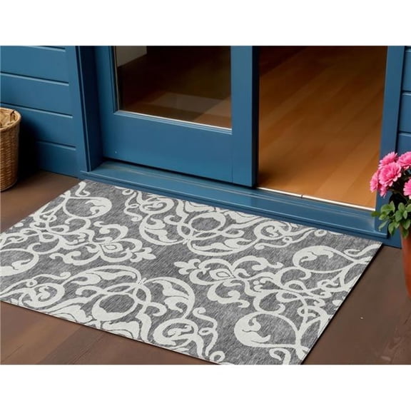 HomeRoots 614431 3 x 5 ft. Gray & Ivory Damask Washable Indoor & Outdoor Rectangle Area Rug