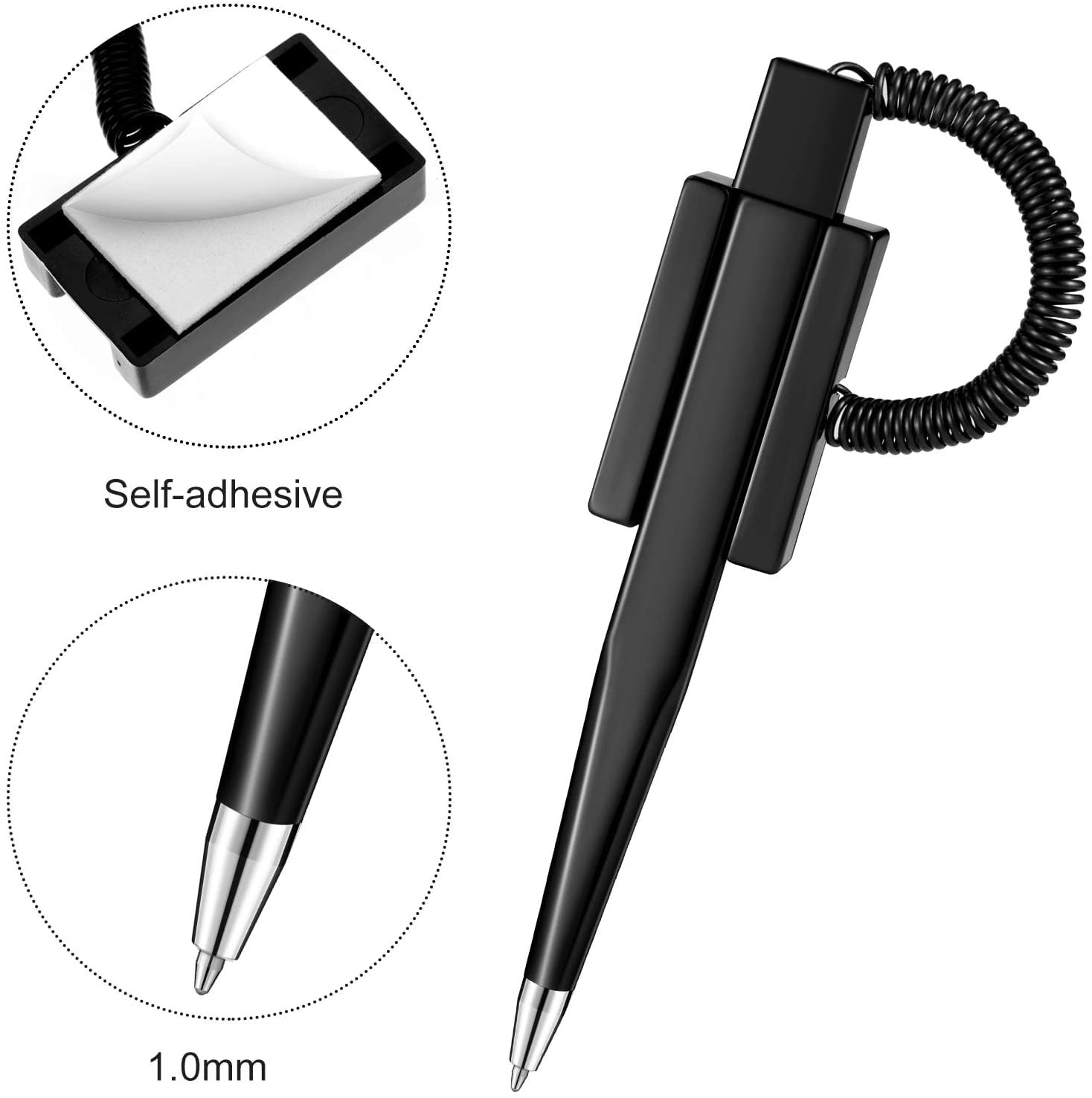 Refillable Medium Black Ink Pack of 5 Counter Coil Corded Wedgy Secure Pen with Adhesive Backing 