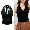 thumbnail image 2 of Women’s Stretchy Halterneck V Neck Camisole Top Solid Color Tie Back Backless Lightweight Layering Fitted Tanks Top, 2 of 8