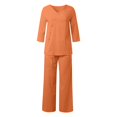 thumbnail image 4 of Fiaer,Womens Oversized 3/4 Sleeve Linen Side Button Lounge Wear Sets with Pocket,Women's Loose Fit Casual Trendy Solid Outfits Set,Ladies Wide Leg Pants and V Neck Shirts 2 Piece Orange XXL, 4 of 7
