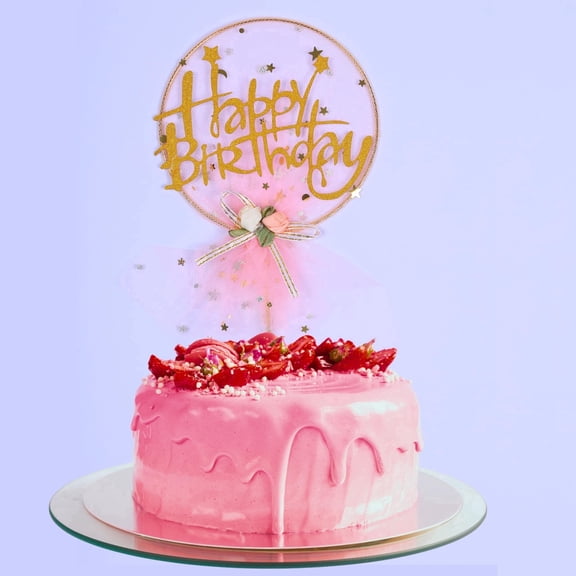 Crafter King Pink Gold Glitter Double Sided Pre Assembled Princess Theme Happy Birthday Paper Cake Topper, 1 Count