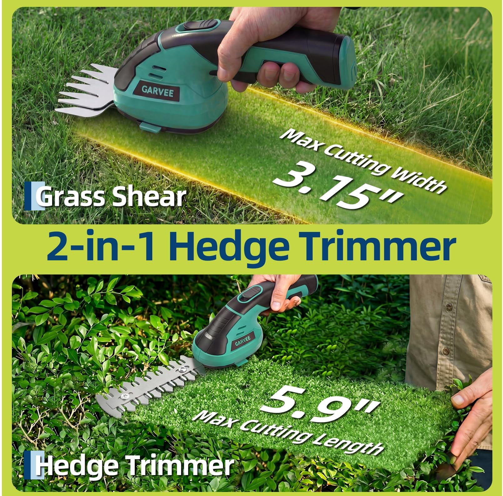 Memoryfield 2-in-1 Cordless Grass Shear & Hedge Trimmer, 7.2V Electric Handheld Shrub Trimmer, Rechargeable Lithium-Ion Battery, Type-C Charging Cable Included