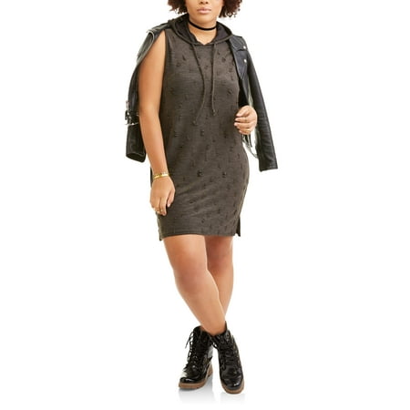 Poof Junior's Plus Sleeveless Hooded Sweatshirt Dress with Destruction