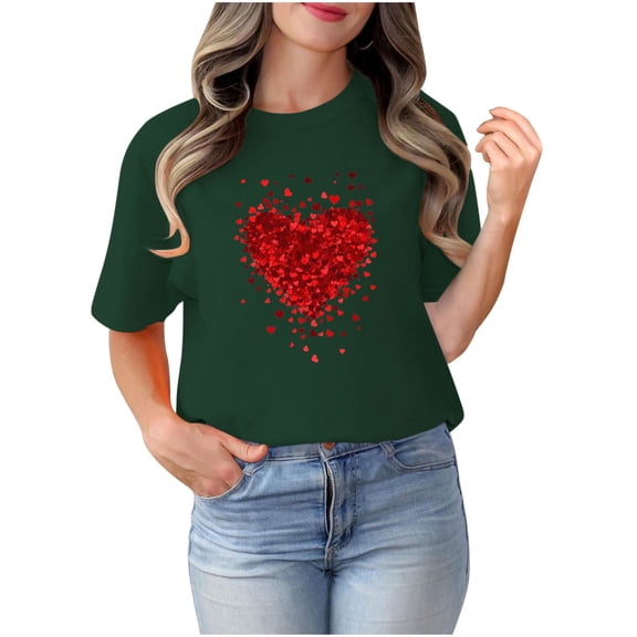 TKLPEHG Valentines Day Shirts For Women Crewneck Tshirt Heart Print Graphic Tee Loose Short Sleeve Tshirt Casual Dressy Blouses (Army Green,L)