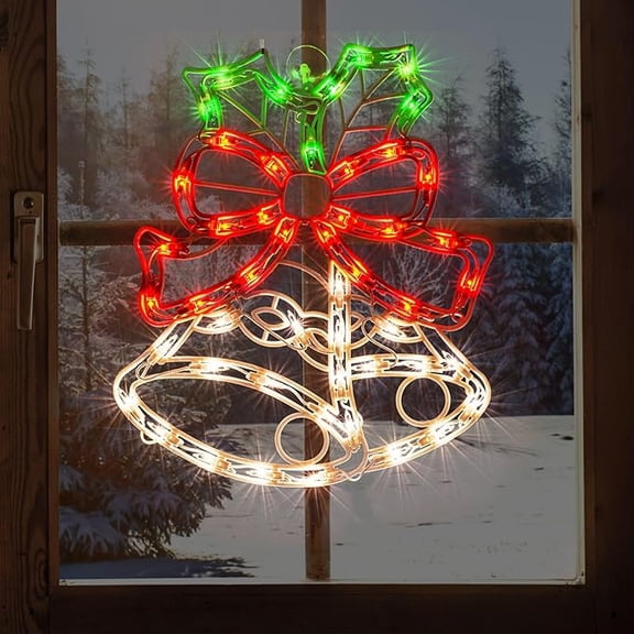 Christmas Lighted Bell Window Silhouette, Double-Sided Holiday Decor with 50 Incandescent Mini Lights, Ideal for Indoor Wall, Door and Glass Christmas Decoration