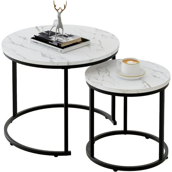 Round Nesting Coffee Table Side Table Set of 2 End Tables for Living Room Bedroom Balcony, White Faux Marble Wooden Table Accent Coffee Table with Black Steel Frame