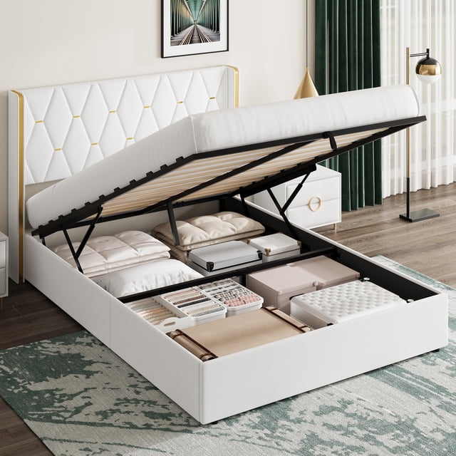 Twister.CK Full Storage Bed with Upholstered Wingback Headboard, Hydraulic Bed Frame, Strong Wood Slats, No Box Spring Needed, Easy Assembly, White