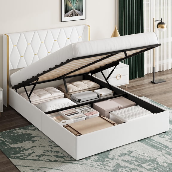 Storage Bed Queen with Upholstered Wingback Headboard, Modern Full Size Hydraulic Bed Frame with Strong Wood Slats Support, No Box Spring Needed, Easy Assembly