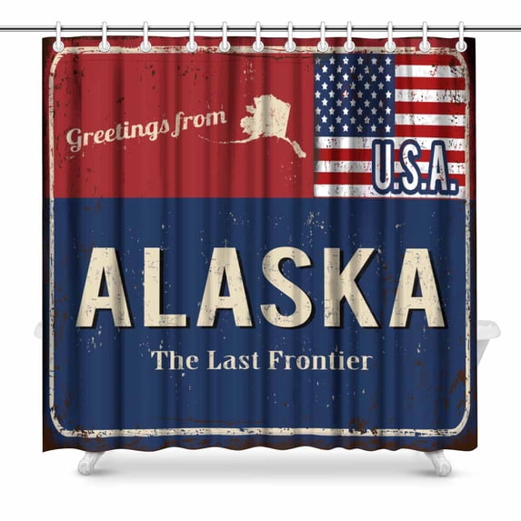 SUNENAT Greetings from Alaska Rusty Metal Sign with American Flag Waterproof Shower Curtain, Bathroom 72(Wide) x 72(Height) Inches