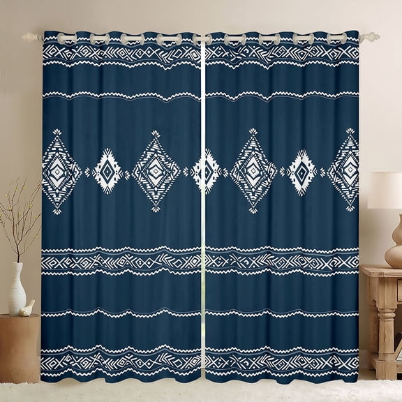 Castle Fairy Bohemian Aztec Black Out Curtains,Blue White Curtains Pack of 2 (42x63 Each)