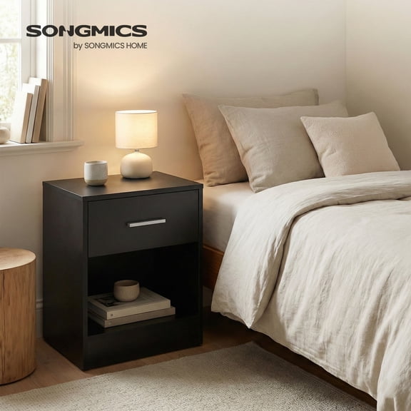 VASAGLE Mesa Auxiliar Mesita de Noche, con Cajón, Compartimento Abierto, Asa, para Dormitorio, Sala de Estar, Negro Tinta MLET619T56