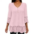 thumbnail image 4 of TKLPEHG Summer Shirts for Women V Neck Button Lace Patchwork Three Quarter Sleeved T-Shirt Lightweight Solid Color Casual Loose Going Out Tops Summer 3/4 Sleeve T Shirts Blouses(Pink,XL), 4 of 8