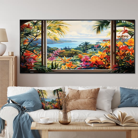 Designart "Windows View Blooms Tropical Serenity IV" Extra Large Coastal Framed Wall Art - Coastal Green Coastal Windows Bedroom Framed Canvas Wall Art