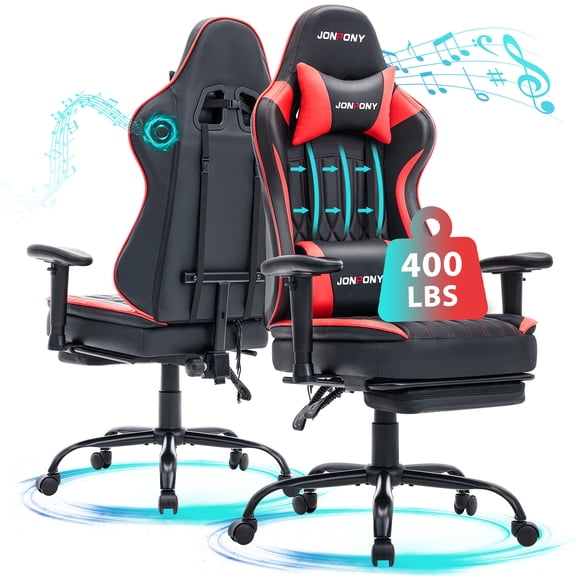 JONPONY Big and Tall 400lbs Gaming Chair with Bluetooth Speakers, Gamer Chair with Footrest and Lumbar Support & 360-Swivel Seat, Ergonomic Gamer Chair with Headrest, Red