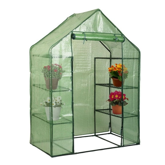 Portable Walk-in Greenhouse, 4 Tier 8 Shelves Plant Grow House, 56x29x77 Inch Green PE Mesh Greenhouse for Flowers, Herbs, Vegetables
