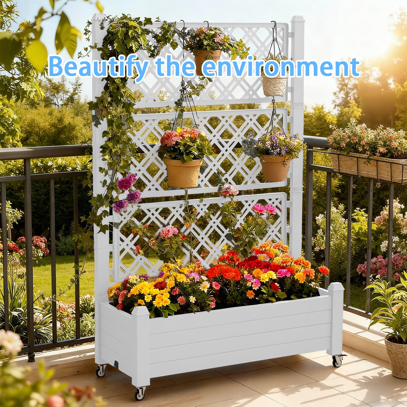 MAYEERTY Raised Garden Bed with Trellis Wheel, Freestanding Planter Box with Built-In Water Storage for Climbing Plants Vegetables Flowers Garden Yard