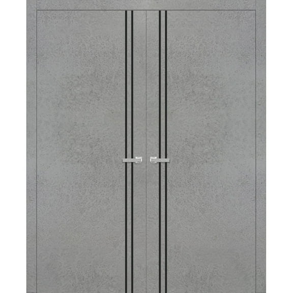 Solid French Double Doors 36 x 80 inches | Planum 0016 Concrete with Frosted Glass | Wood Solid Panel Frame Trims | Closet Bedroom Sturdy Doors