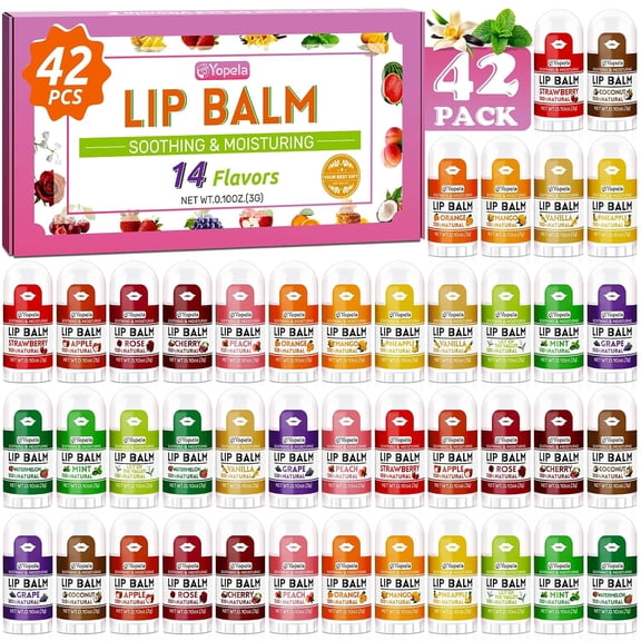 Yopela Mini Lip Balm Bulk 42 Pack, Lip Balms with Vitamin E and Coconut Oil, Moisturizing and Nourishing Dry Cracked Lips, 14 Flavors Chap Sticks Small Gift Party Favors for Adults