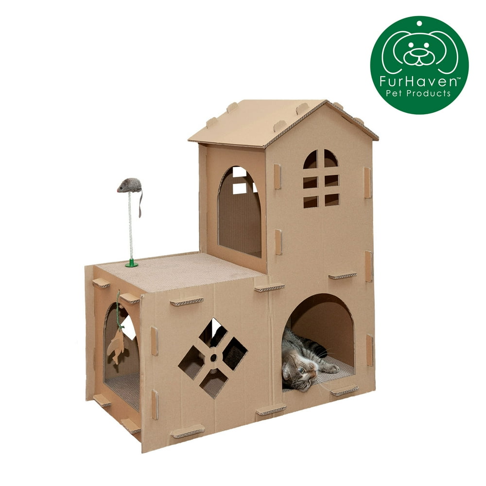 FurHaven Pet Cat Scratcher, Corrugated House Scratcher with Catnip, Farmhouse