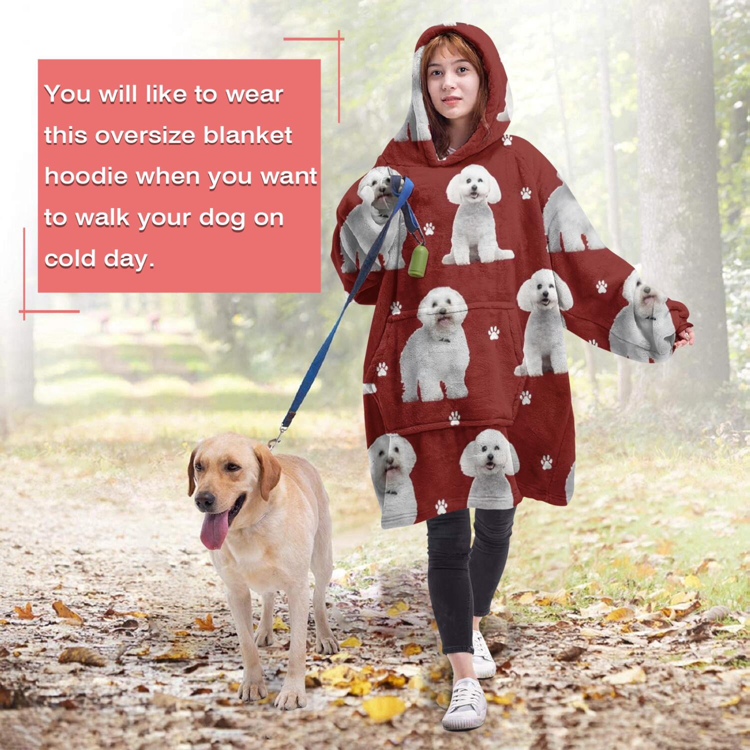 Pink Bichon Frise Wearable Oversized Blanket,Wearable Blanket Hoodie for Adults,Cozy Hooded Blankets with Super Pockets,Super Warm Fuzzy Pullover for Women & Men