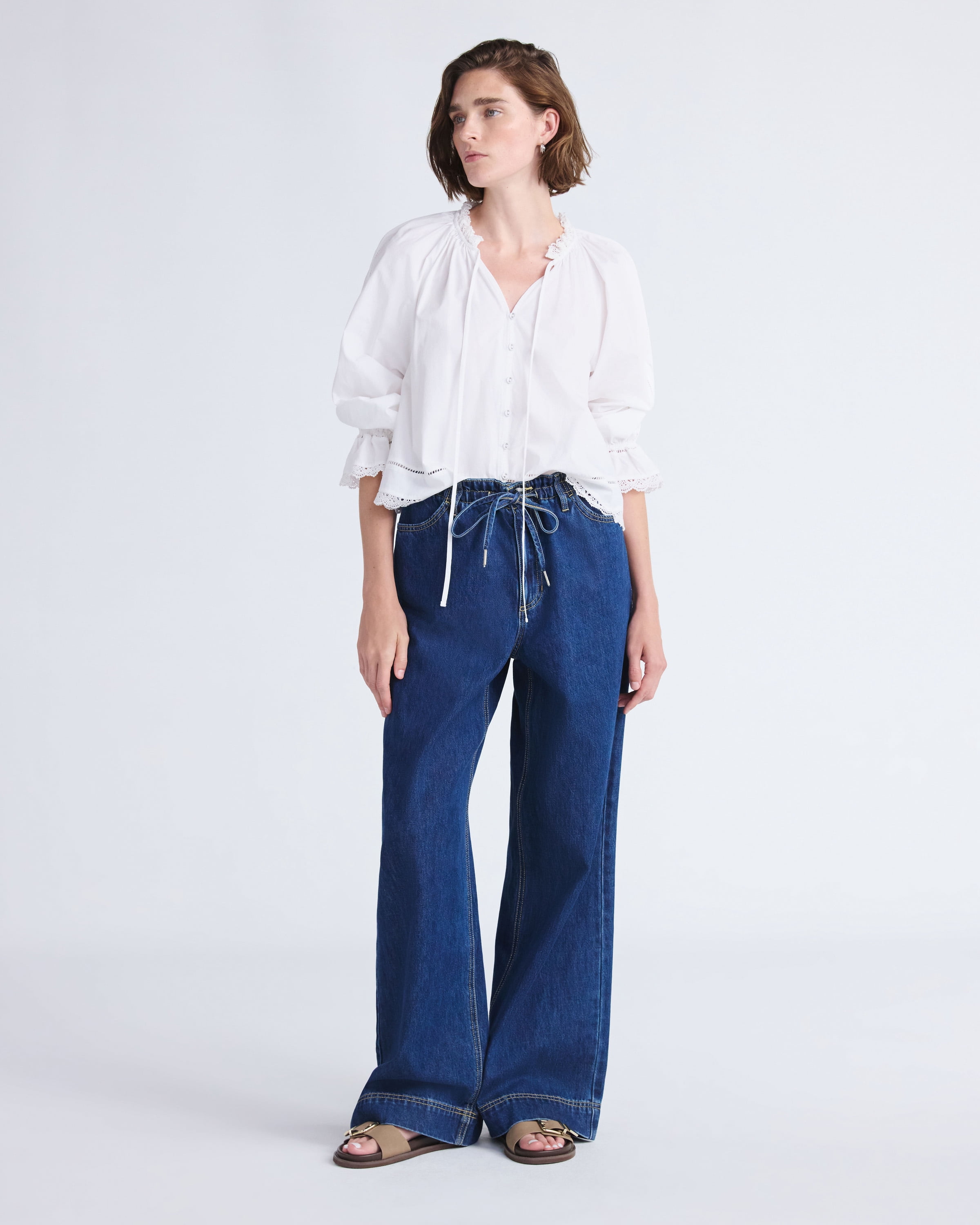 Free Assembly Women's Loose Fitting Wide Leg Jeans with Adjustable Tie Waist, 32" Inseam, Sizes 0-26