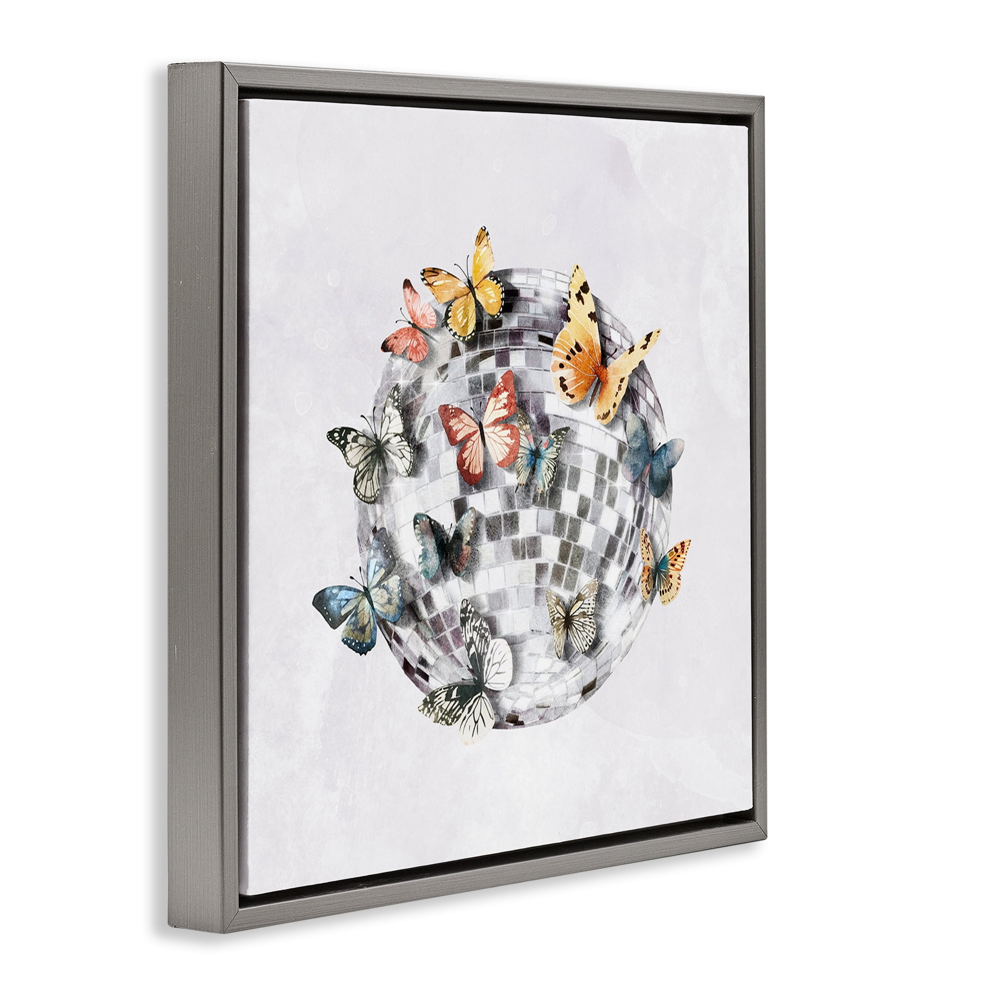 Stupell Industries Butterflies on Disco Ball Insects Painting Gray Floater Framed Canvas Art Print Wall Art, 25 x 25