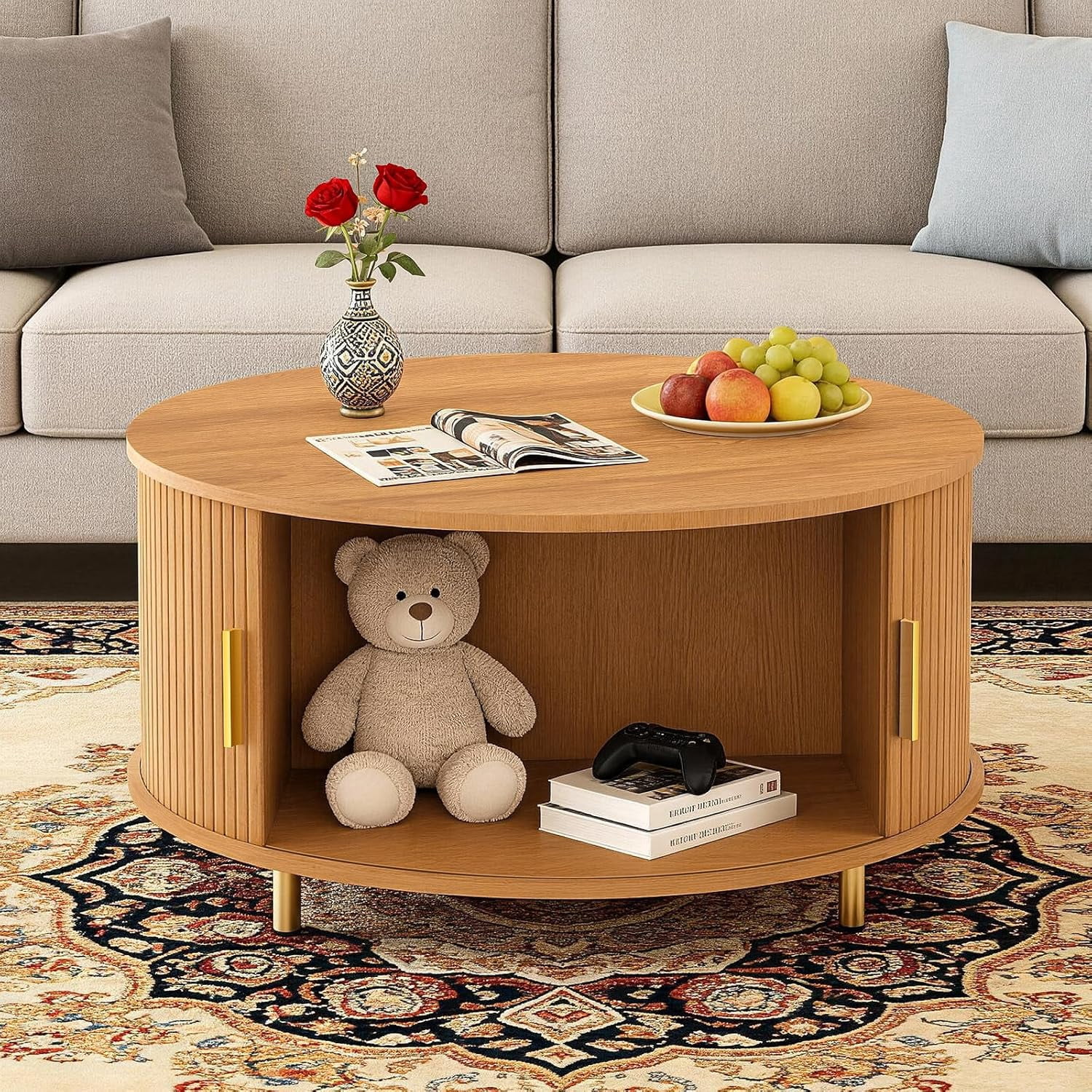 31.5-Inch Round Mid-Century Modern Coffee Table with 360° Sliding Tambour Door, Fluted Design, Storage, Adjustable Footpads, Yellow Walnut