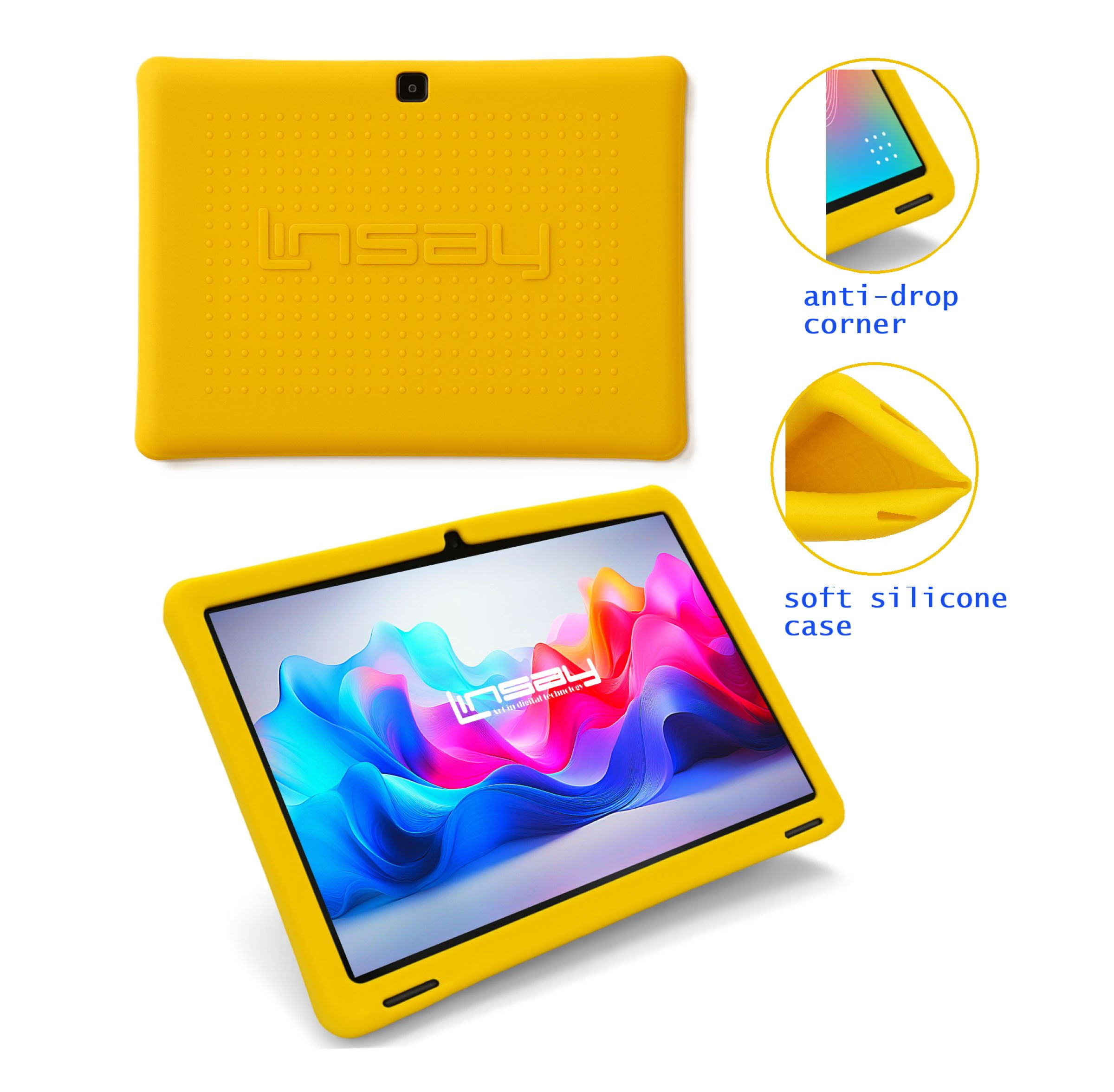 LINSAY 10.1 Octa Core 4GB Ram 128GB Android 15 Tablet for kids, Camera, Apps, Games with Yellow Defender Case, LED Backpack, Earphones, Holder and Pen