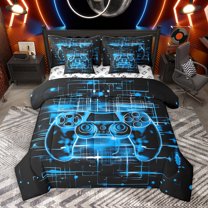 Homewish Chic Game Console Bedding Comforter Set 7pcs, Black Blue Cartoon King Bedding Sets, Teens Kids Boys Child Reversible Bed Sheets, Breathable Home Decor